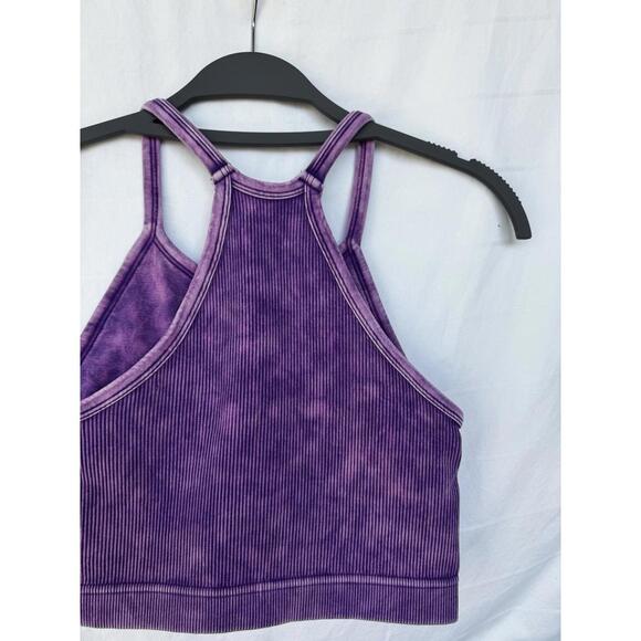NWT Zenana ribbed purple acid washed Seamless Crop Tank Top activewear yoga L/XL - Picture 2 of 3